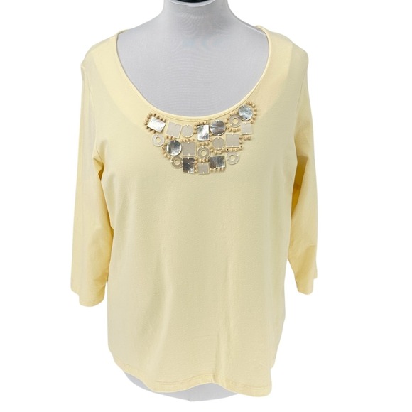 Ruby Rd Woman 1X Top 3/4 Sleeves Embellished Neck 3/4 Sleeve Yellow Cotton Blend - Picture 1 of 7